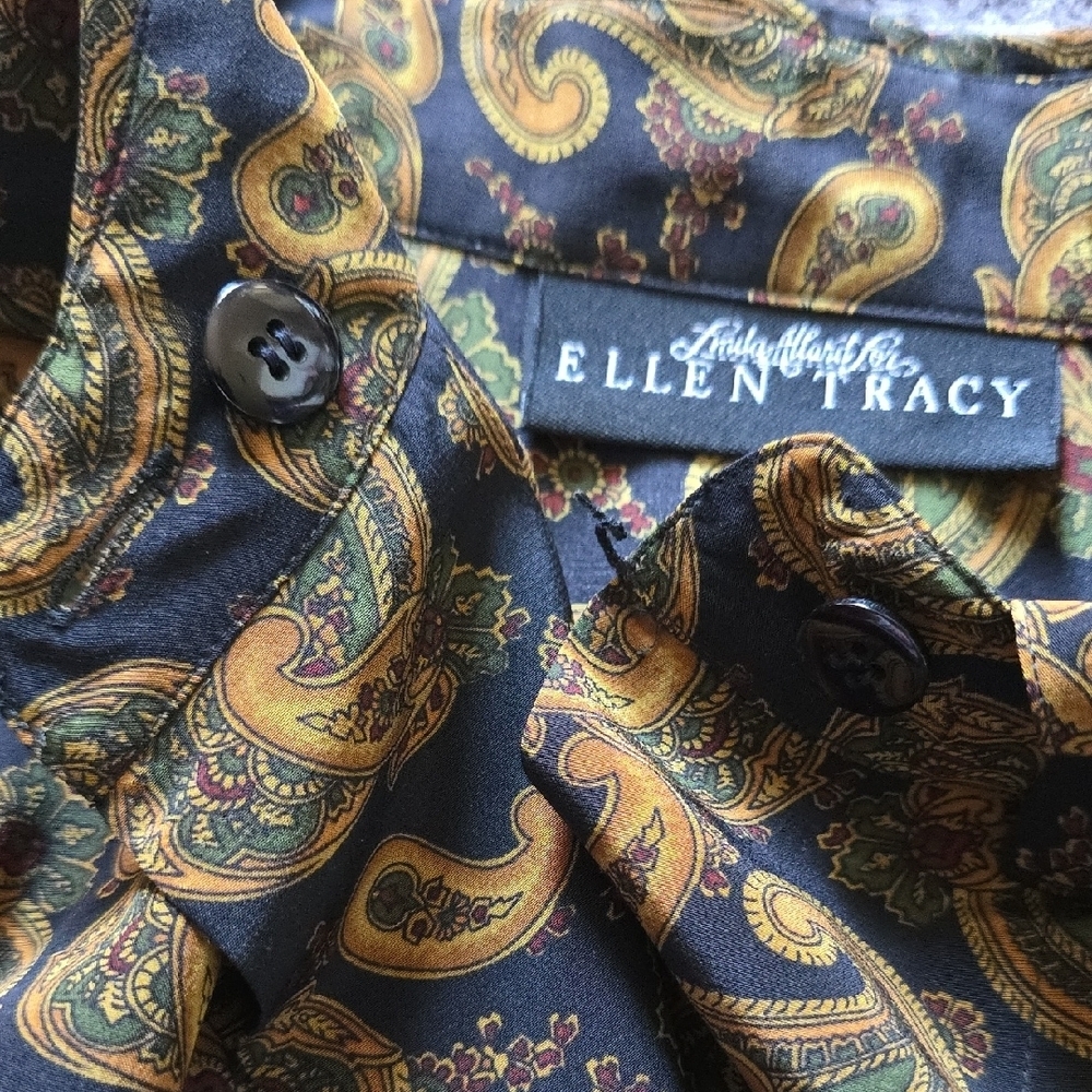 VTG Ellen Tracy Navy/Black and Gold Paisley Blouse Size 8 - Picture 6 of 13